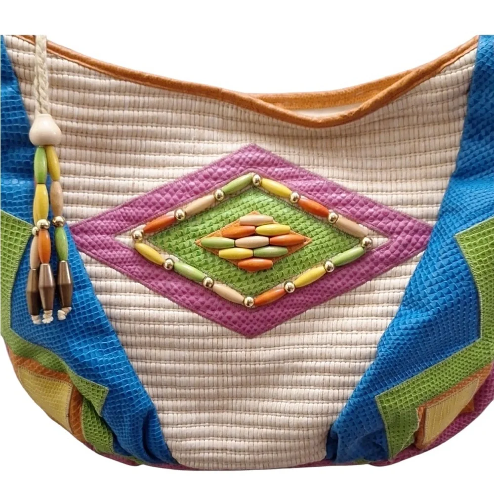 Sharif vintage pink green yellow orange cream leather woven western hobo bag